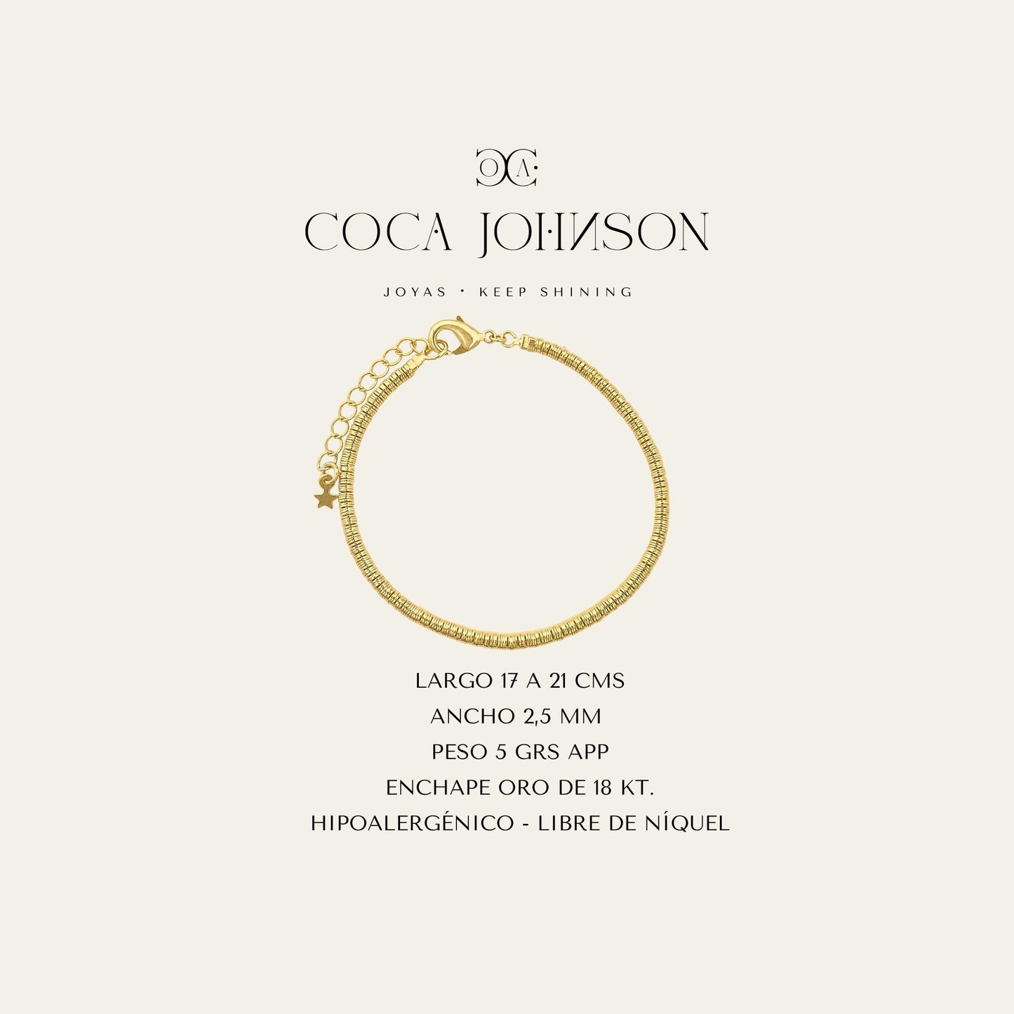 Pulsera de argollitas enchapado en oro de 18 kt_Ficha Tecnica resumen - Coca Johnson Joyas - Chile