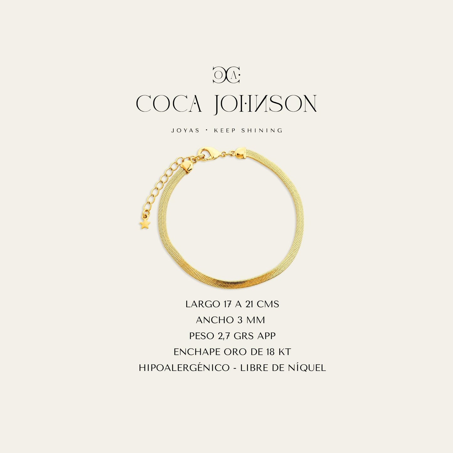 Ficha tecnica de pulsera tipo cinta delgada, enchapada en oro de 18kt- Coca Johnson Joyas - Chile