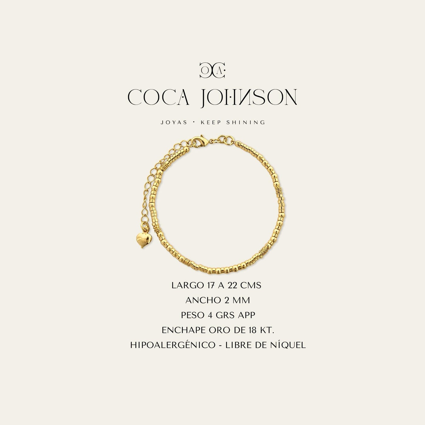 Ficha tecnica de pulsera de mostacillas y argollitas enchapada en oro de 18kt- Coca Johnson Joyas - Chile
