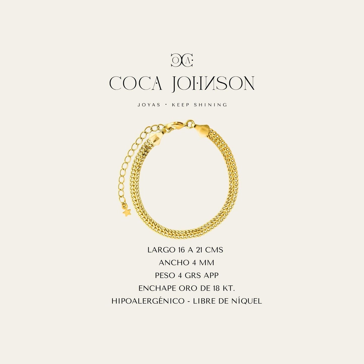 Ficha tecnica de pulsera de eslabones, enchapada en oro de 18kt  - Coca Johnson Joyas - Chile