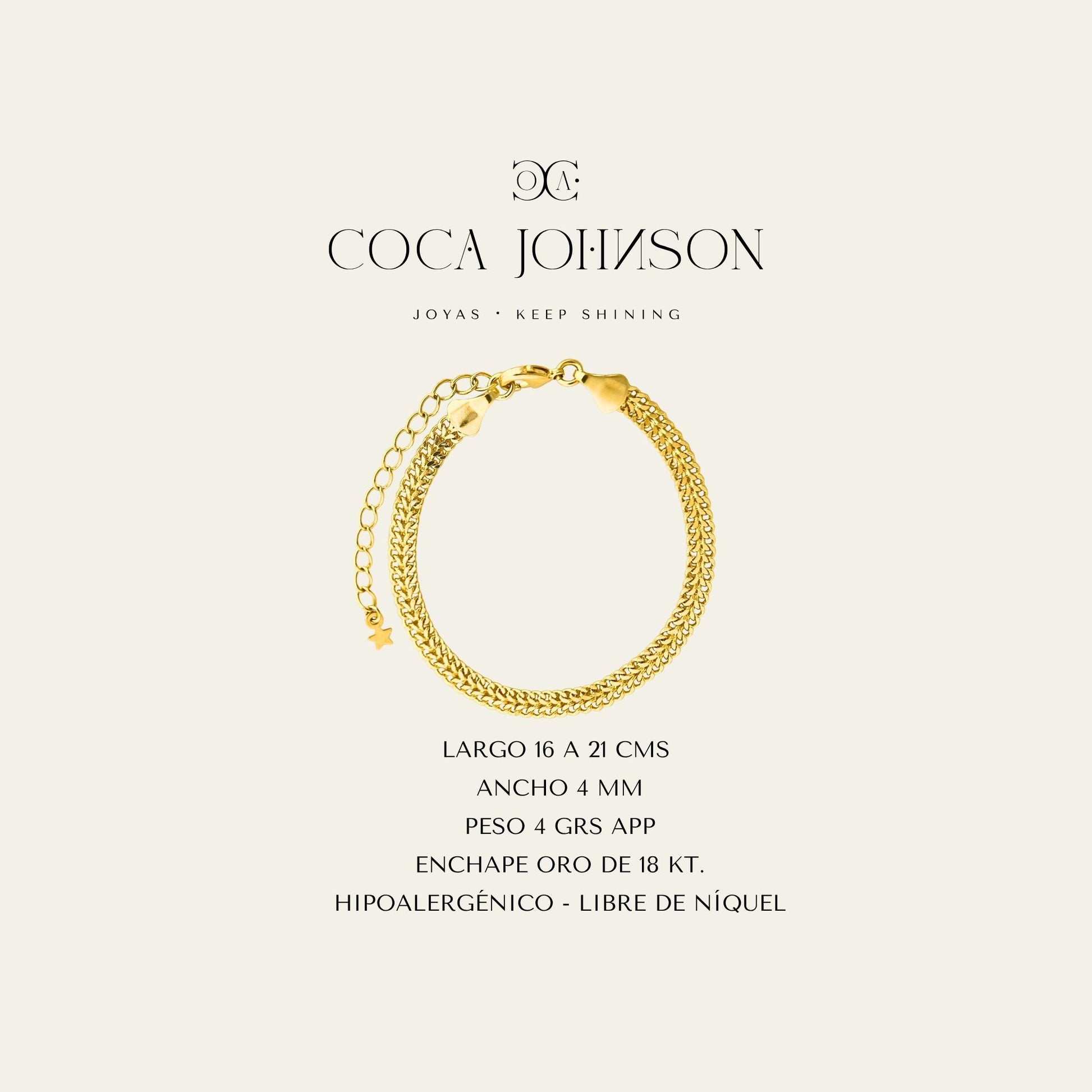 Ficha tecnica de pulsera de eslabones, enchapada en oro de 18kt  - Coca Johnson Joyas - Chile