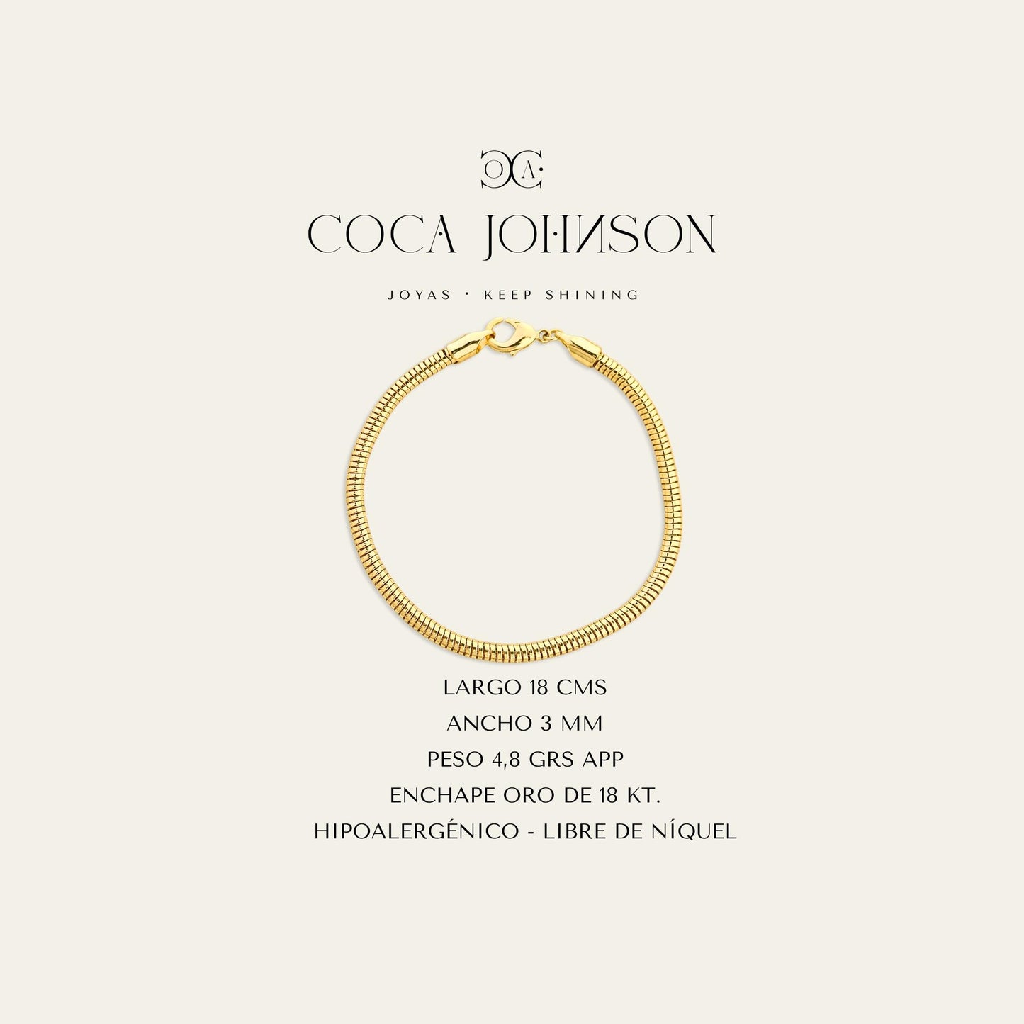 Ficha tecnica de pulsera tipo snake, enchapada en oro de 18kt- Coca Johnson Joyas - Chile