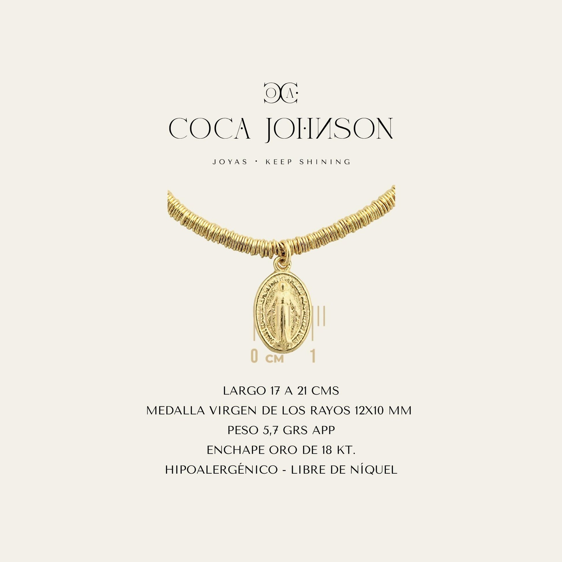 Pulsera argollitas enchapada en oro de 18 Kt con medalla de virgen de los rayos ficha tecnica resumen - Coca Johnson Joyas - Chile