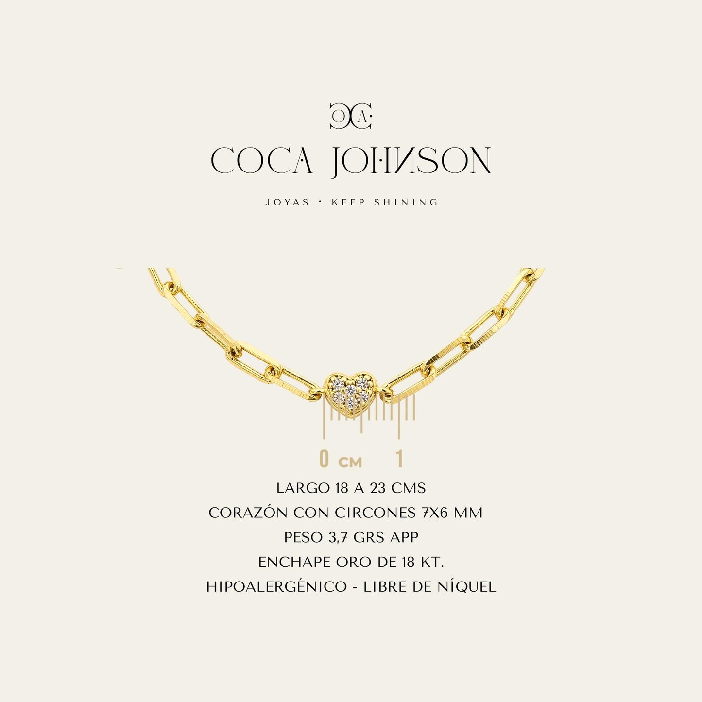 Pulsera de eslabones enchapado en oro de 18 Kt con corazón con circones, ficha tecnica resumen - Coca Johnson Joyas - Chile