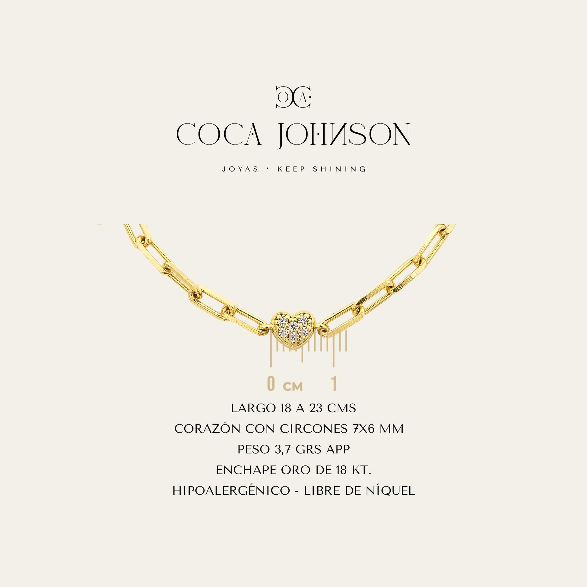 Pulsera de eslabones enchapado en oro de 18 Kt con corazón con circones, ficha tecnica resumen - Coca Johnson Joyas - Chile