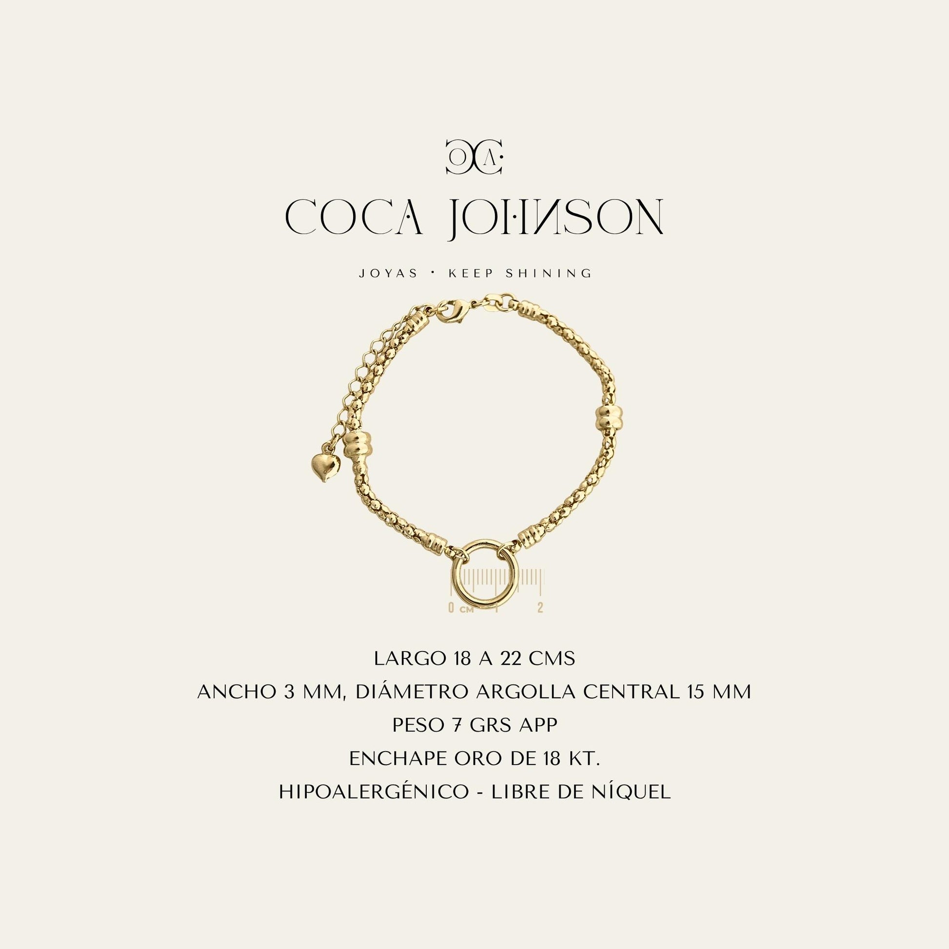 Ficha tecnica de pulsera tipo pandora, enchapada en oro de 18kt- Coca Johnson Joyas - Chile