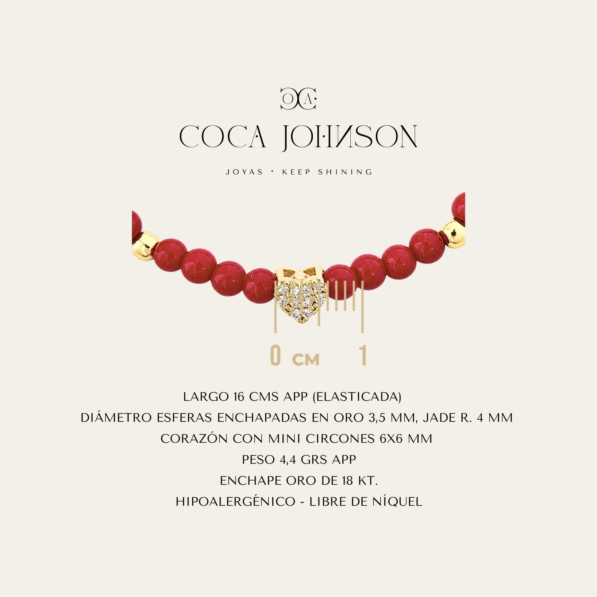 Pulsera de piedra R jade rojo, esferas y corazón con circones enchapados en oro de 18 Kt, Ficha Tecnica resumen - Coca Johnson Joyas - Chile