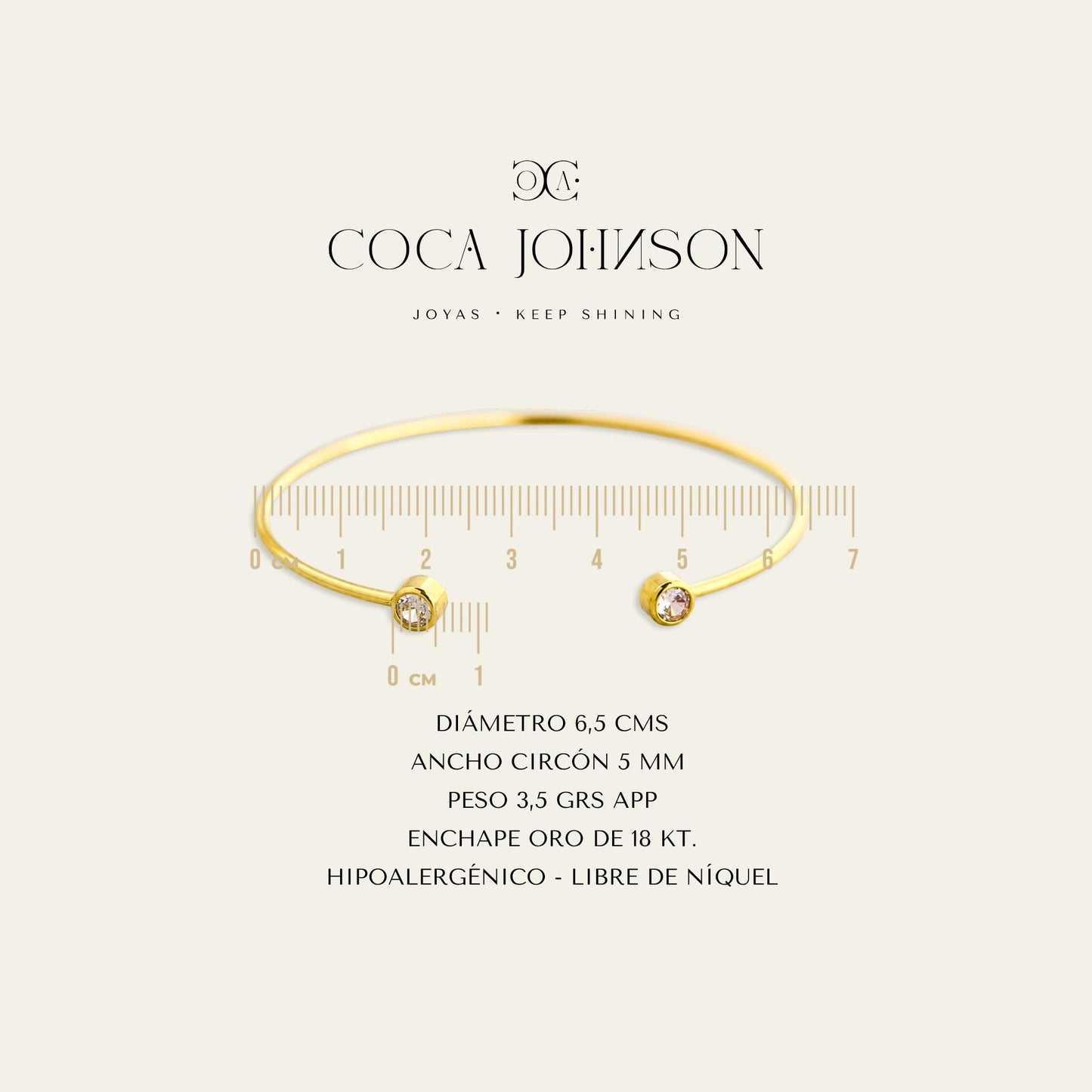Ficha tecnica de esclava con dos circones en las puntas, enchapada en oro de 18kt  - Coca Johnson Joyas - Chile