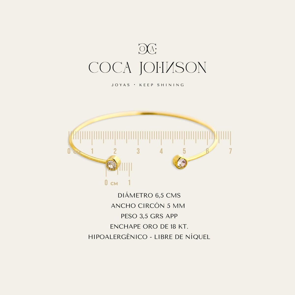 Ficha tecnica de esclava con dos circones en las puntas, enchapada en oro de 18kt  - Coca Johnson Joyas - Chile