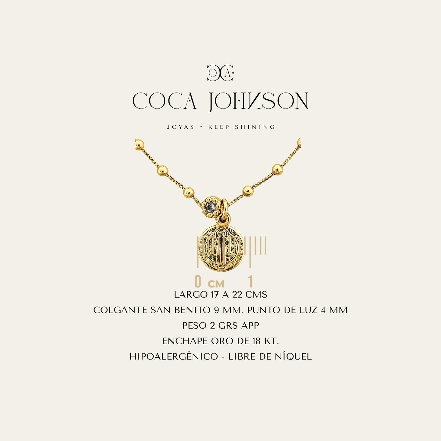 Pulsera enchapada en oro de 18 Kt con colgante de San Benito y circón color agua marina, Ficha Tecnica resumen - Coca Johnson Joyas - Chile