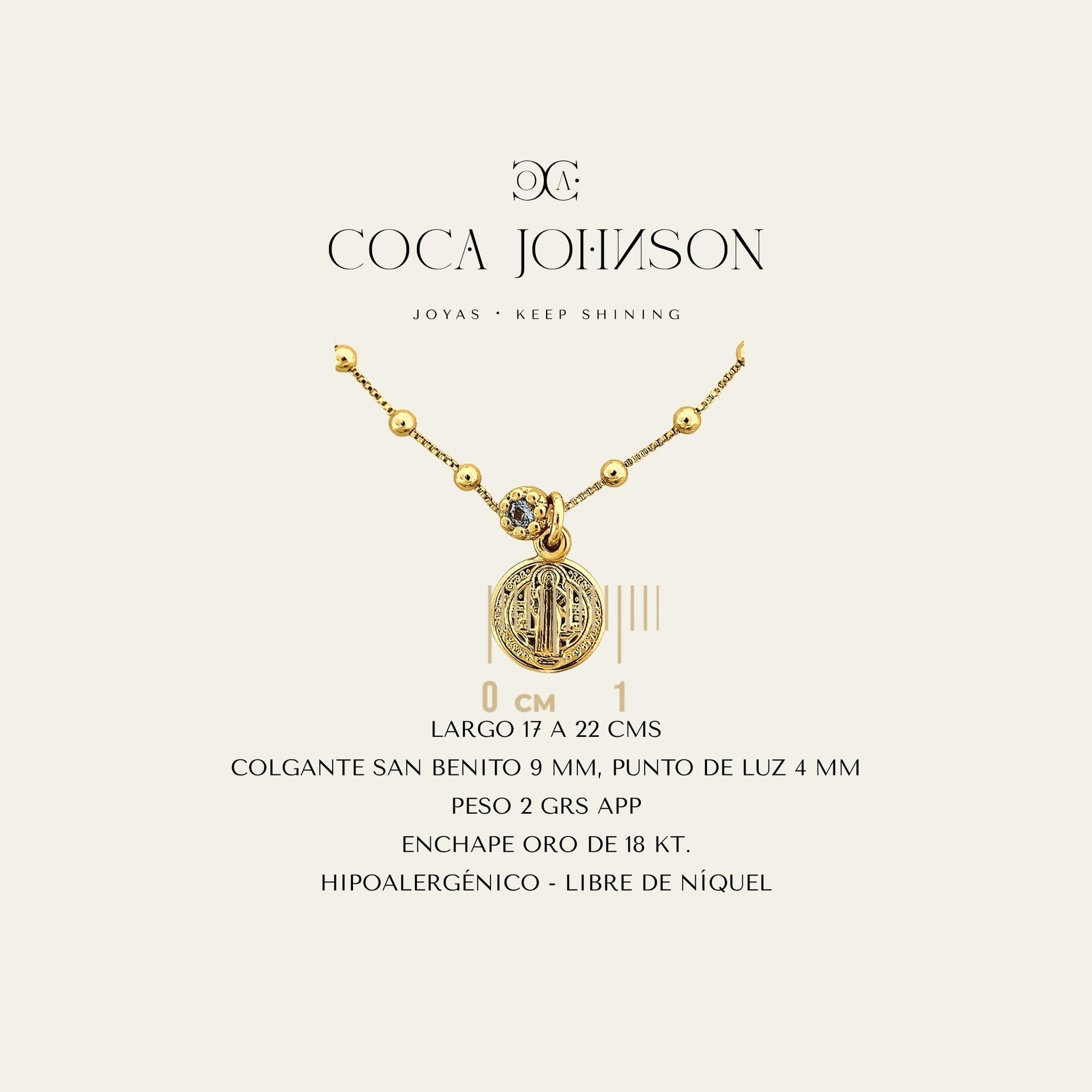 Pulsera enchapada en oro de 18 Kt con colgante de San Benito y circón color agua marina, Ficha Tecnica resumen - Coca Johnson Joyas - Chile