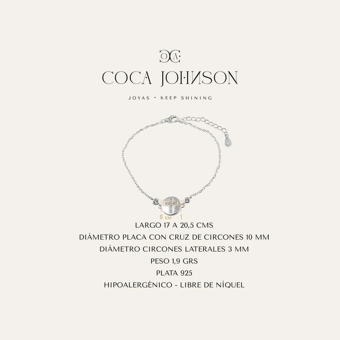 Caracteristicas técnicas de las pulsera de plata con cruz central con mini circones