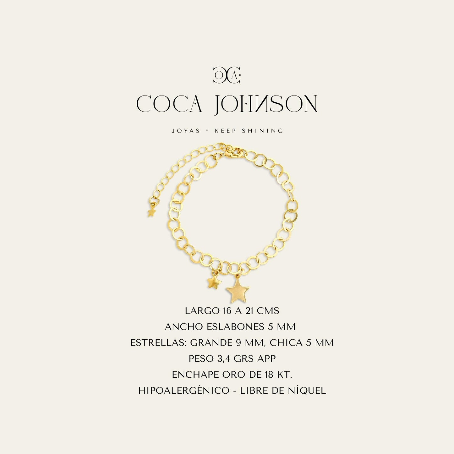 Ficha tecnica de pulsera con eslabones y dos estrellas colgantes,  enchapada en oro de 18kt  - Coca Johnson Joyas - Chile