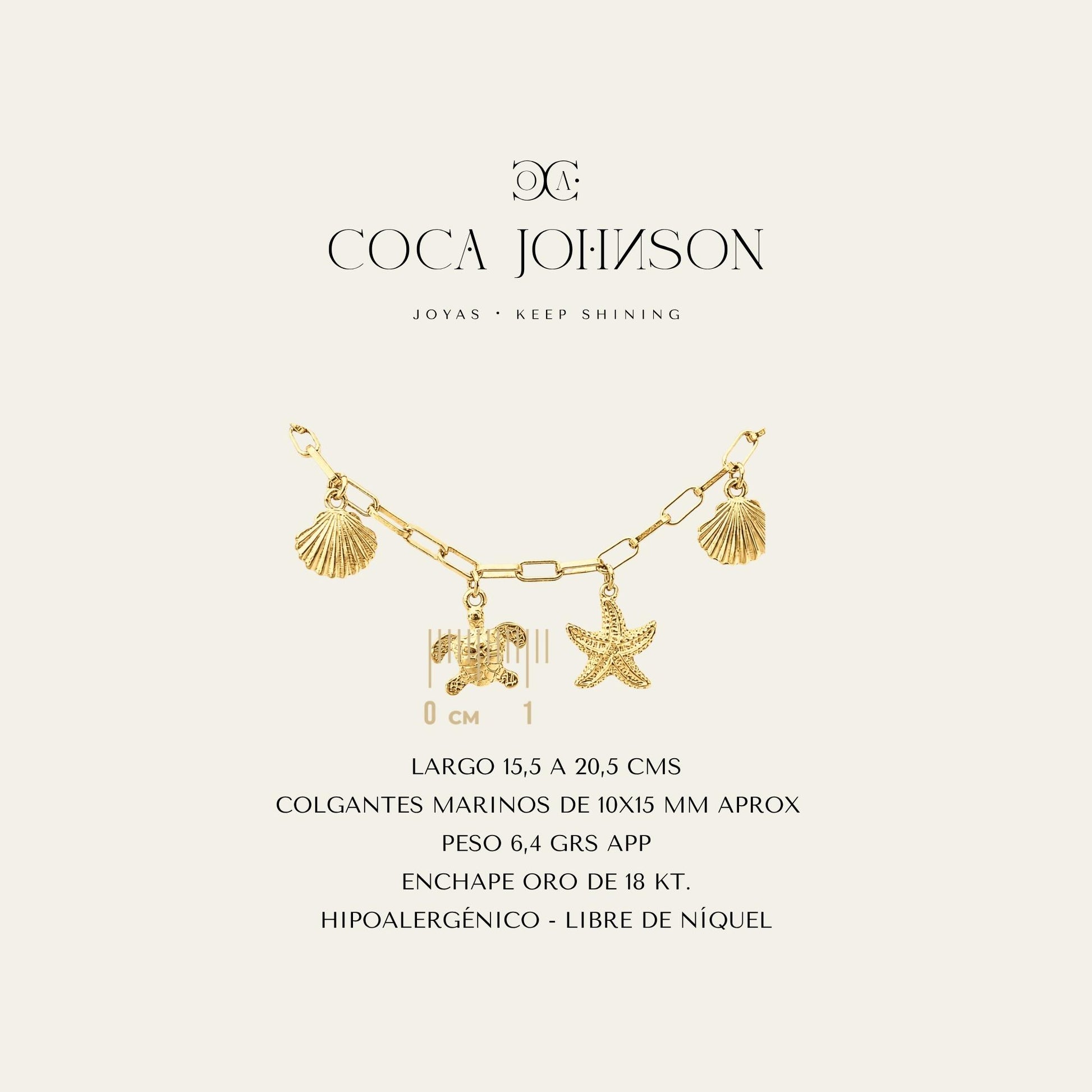 Pulsera de eslabones enchapada en oro de 18 Kt con charms marinos, ficha tecnica resumen - Coca Johnson Joyas - Chile