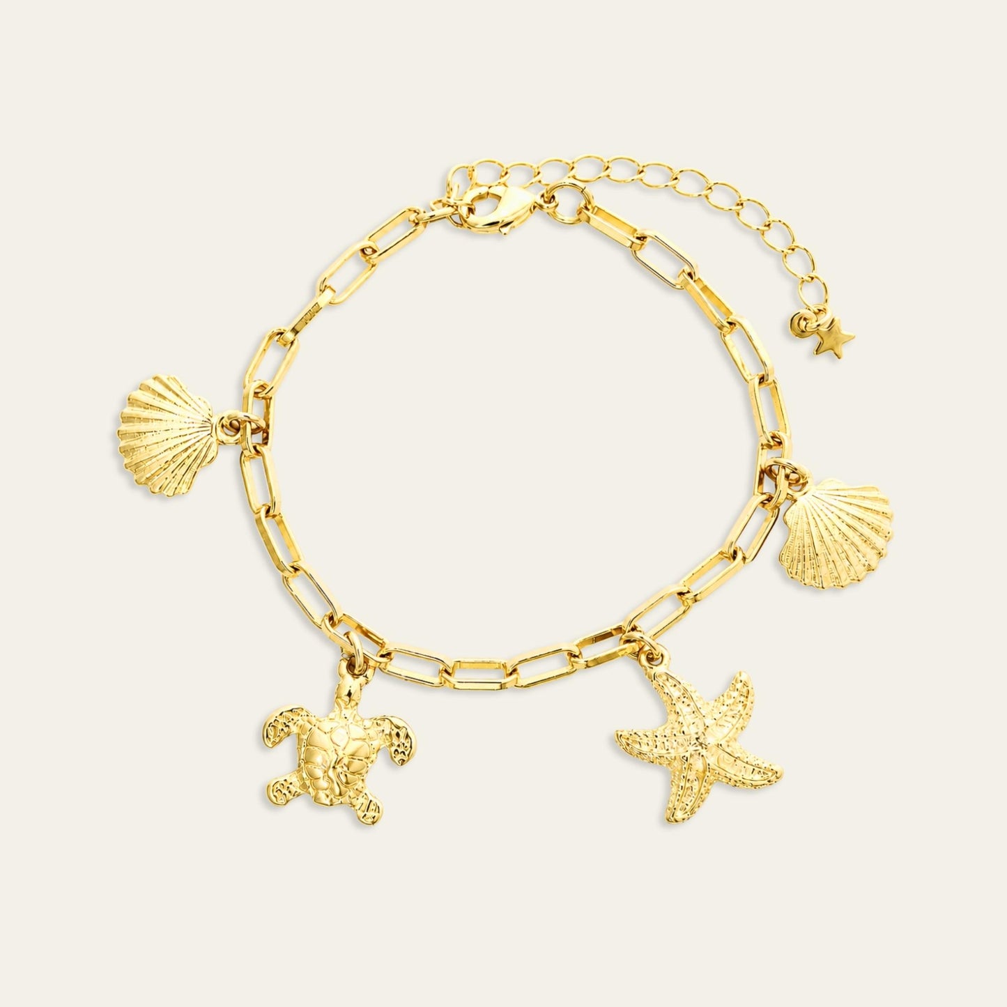 Pulsera de eslabones enchapada en oro de 18 Kt con charms marinos sobre fondo blanco - Coca Johnson Joyas - Chile