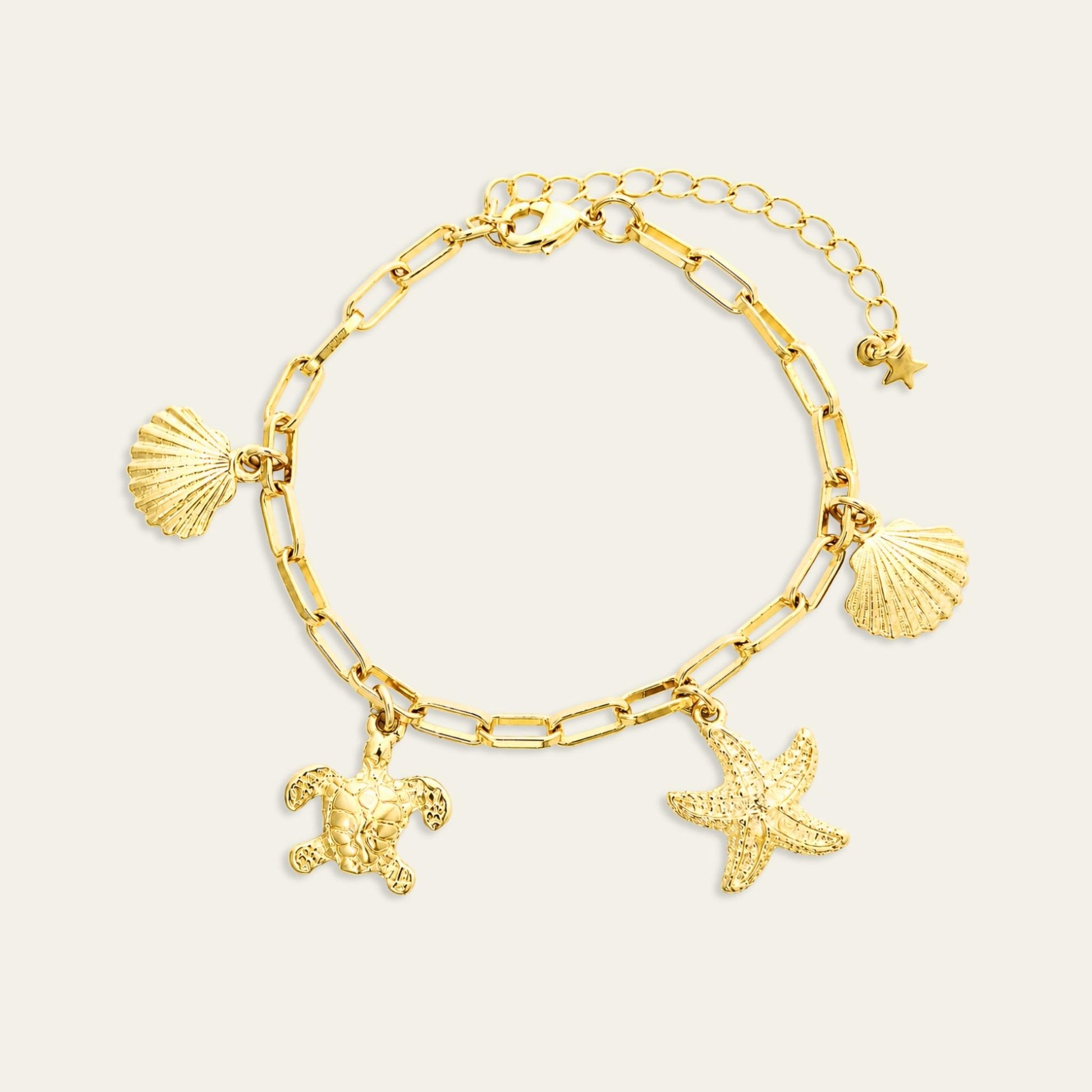 Pulsera de eslabones enchapada en oro de 18 Kt con charms marinos sobre fondo blanco - Coca Johnson Joyas - Chile