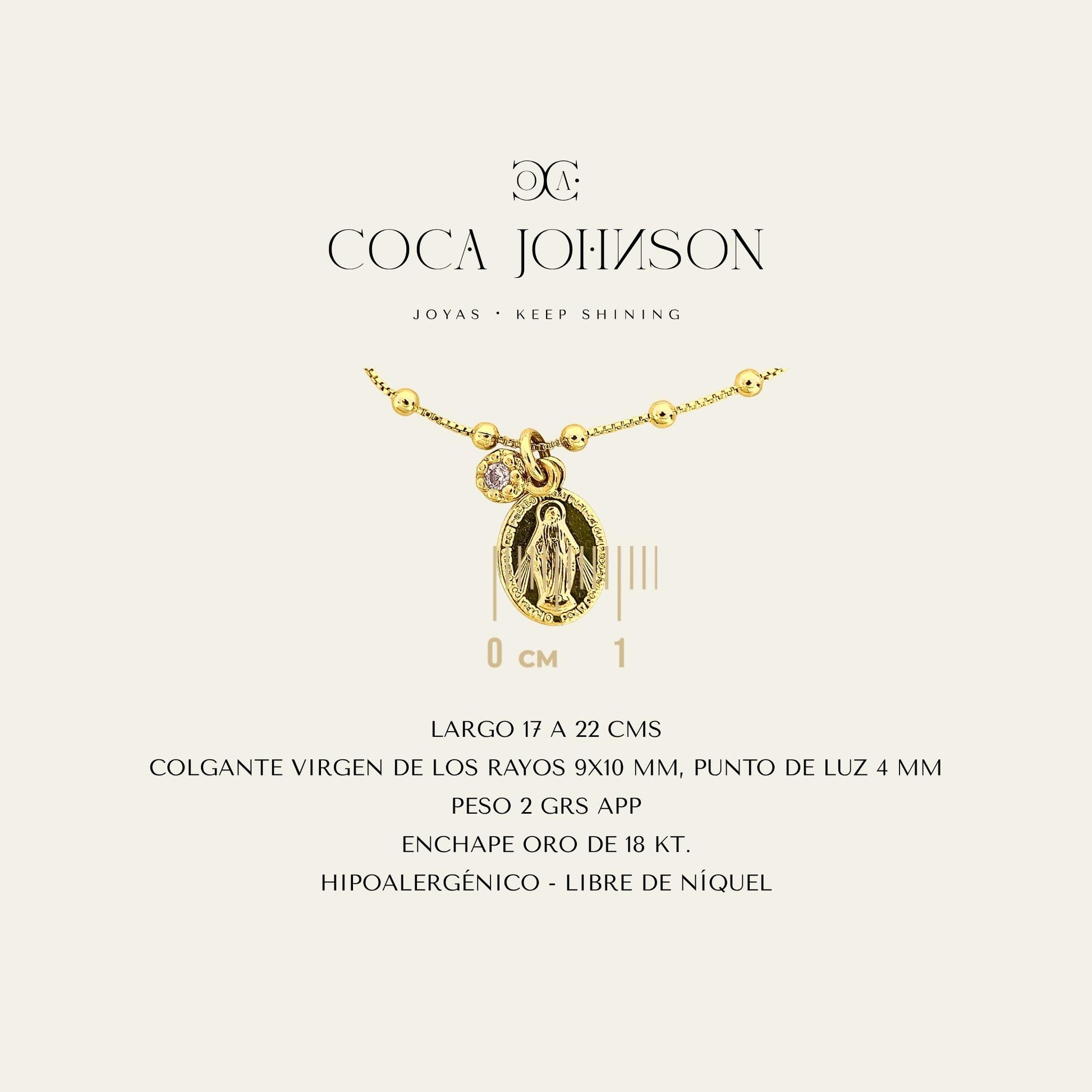 Pulsera enchapada en oro de 18 Kt con colgante de Virgen de los Rayos y circón, Ficha Tecnica resumen - Coca Johnson Joyas - Chile