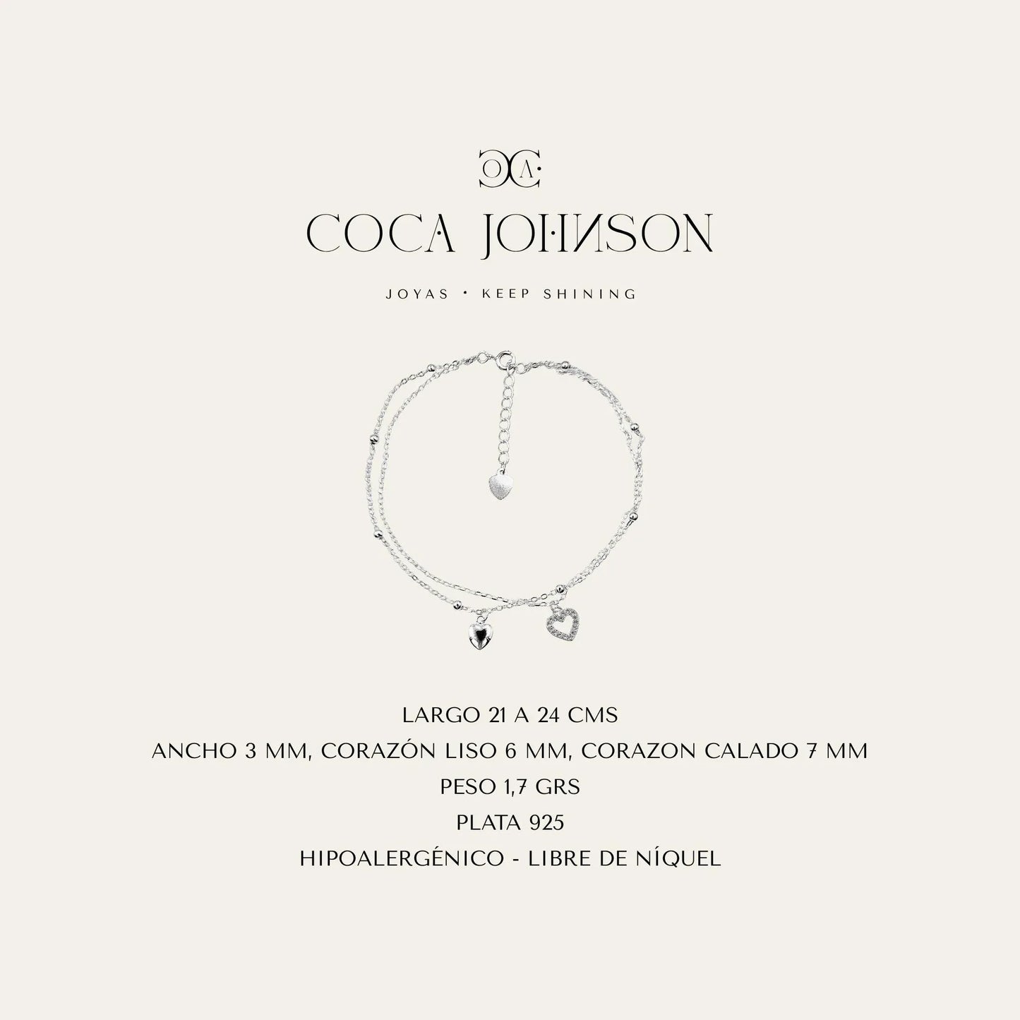Tobillera_Two_Hearts_-_Caracteristicas_Tecnicas_Resumen - Coca Johnson Joyas - Chile